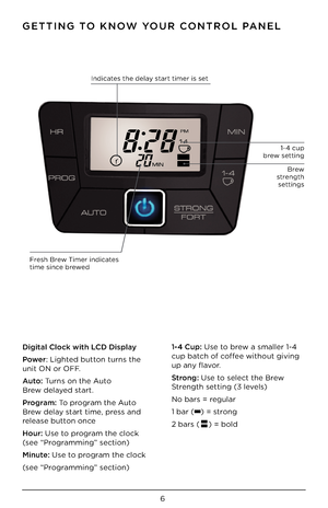 Page 66
GETTING TO KNOW YOUR CONTROL PANEL
Indicates the delay start timer is set \K
Brewstrengthsettings
1-4 cup  brew setting
Fresh Brew Timer indicates  time since brewed
Digital Clock wit\b \DLCD Display 
Power: Lighted button turns the 
unit ON or OFF.   
Auto: Turns on the Auto    
Brew delayed start. 
Program: To program the Auto 
Brew delay start time, press and 
release button once       
Hour: Use to program the clock  
(see “Programming” section)  
Minute: Use to program the clock 
(see...