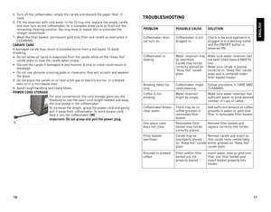 Page 6
0


5. Turn off the coffeemaker; empty the carafe and discard the paper filter, if 
used.
6. Fill the reservoir with cold water to the 12-cup line, replace the empty carafe 
and then turn on the coffeemaker for a complete brew cycle to flush out the 
remaining cleaning solution. You may have to repeat this to eliminate the 
vinegar smell/taste.
7. Wash the filter basket, permanent gold tone filter and carafe as instructed in 
CLEANING.
CARAFE CARE
A damaged carafe may result in possible...