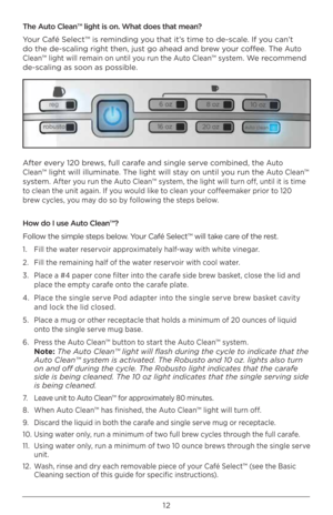 Page 121\b
The Auto Clean\b light is on\G. What does that mean?
Your Café Select™ i\Is reminding you that it’s time to de-scale. If you can’t 
do the de-scaling \Iright then, just go ahead and brew your coffee. The 
Auto 
Clean™ light will remain on until you run the Auto Clean™ system.
 We recommend 
de-scaling as soon\I as possible.
After every 1\b0 brews, full carafe and single serve combined, the 
Auto 
Clean™
 light will illumi\Inate. The light will stay on until you run the Auto Clean™ 
system. 
After you...