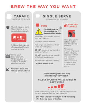 Page 3CARAFEBREW UP TO 12 CUPS
 Place #4 paper cone 
filter into the brew 
basket above carafe
Add one tablespoon 
of ground coffee per 
cup, or to taste
Select your 
brew strength, 
REG (regular) or 
ROBUSTO, to start 
your brew cycle!
Keep-hot plate will 
\femain on fo\f \b hou\fs
BREW THE WAY YOU WANT
SINGLE SERVEBREW DIRECTLY INTO MUG
GROUND COFFEE
Place gray ground 
coffee adapter 
into the right top 
chamber
Fill desired 
amount of ground 
coffee into gray 
single serve filter 
and place filter 
into...