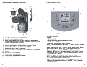 Page 11
20
21

OPEN-12MAX
-10
-2
-8
-6
-4
12:00-+PROGHRMIN











6:00AM
FRESH
-+
AUTO
-+
PROG
HRMIN







 1.  Écran ACL et tableau de commande rétroéclairés 
  2.  Couvercle du réservoir à eau rabattable 
  †.  Support du filtre à eau et filtre à charbon (à l’intérieur du réservoir à eau) 
 
    (pièce n° CMD001) (Pour obtenir des pièces de rechange, composez le numéro  
    sans frais figurant sur la page couverture) 
  .  Bouton de dégagement du panier d’infusion 
  ....