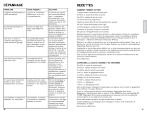 Page 19
6
7

DÉPAnnAGe
PRoBlÈme cAUSe PoSSiBle SolUtion
l ’appareil	ne	chauffe	pas	ou	
cesse	de	chauffer. la	prise	de	courant	est	
défectueuse	ou	le	four	
n’est	pas	branché.S’assurer	que	la	prise	
de	courant	fonctionne	
bien.	le	régulateur	
de	température	et	la	
minuterie	doivent	être	
réglés	pour	que	le	four	
fonctionne.
le	deuxième	grillage	est	
trop	foncé. le	four	est	réglé	à	un	
degré	de	grillage	trop	
foncé.Si	vous	effectuez	des	
grillages	répétés	dans	
le	four,	sélectionner	un	
degré	de	grillage...
