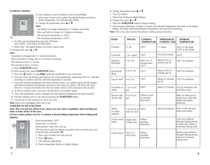 Page 5
87
TO BEGIN COOKING
To start cooking a series of buttons must be pressed (G). 
1. Select type of food to be cooked: the digital display will show a preset temperature. On indicator light blinks.
To change the temperature press ▲ or ▼ 
Note:  
- Tap button to change temperature in 5 degree increments.
- Press and hold to change in 25 degree increments.
- The minimum temperature is 200˚F.
- The maximum temperature is 450˚F.
 2.  To select preset temperature press the button      YOU HAVE 5 SECOnDS TO...