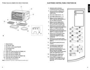 Page 3



   .  Digital display
   .  On indicator light
   .  electronic control panel (See B)
   .  Curved glass door
   .  Door handle
 † 6.  Slide-out crumb tray (Part # C tO60-0)
 †  7.  Slide rack (Part # C tO60-0)
 †  8.  Broil rack (Part # C tO60-0)
 †  9.  Bake pan (drip tray) (Part # C tO60-0)
 †  0.  Pizza pan (Part # C tO60-0)
    .  extra-deep curved interior 
note: †...