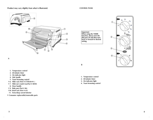 Page 3
43
Product may vary slightly from what is illustrated.
   1. Temperature control
   2. 60-minute timer
  3.  On indicator light
    4. Side handle
   5. Toast browning control
 † 6.  Slide rack (Part # CTO650-91 )
 † 7.  Slide-out crumb tray(Part # 4850)
  8.  Door handle
 † 9.  Bake pan (Part # 46)
 † 
10.  Broil rack (Part # 43)
   11.  Extra-deep curved interior
† Consumer replaceable/removable parts
A










1. Temperature control
2. 60-minute timer
3. On indicator light
4.  Toast...