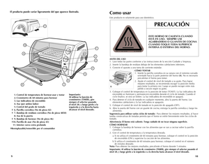 Page 6
El producto puede variar ligeramente del que aparece ilustrado.
   1. Control de temperatura de hornear-asar y tostar
    2. Cronómetro de 60 minutos para hornear
   3. Luz indicadora de encendido
    4. Asa (por ambos lados)
    5. Control del grado de tostado
  † 6.  Parrilla corrediza 
(No de pieza 42)
  † 7.  Bandeja de residuos corrediza 
(No de pieza 4850)
   8. Asa de la puerta
  † 9.  Bandeja de hornear 
(No de pieza 46)
  † 
10.  Parrilla de asar 
(No de pieza 43)
    11. 
Interior curvo extra...