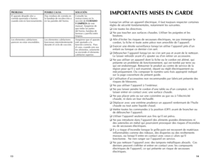 Page 8
Lorsqu’on utilise un appareil électrique, il faut toujours respecter certaines 
règles de sécurité fondamentales, notamment les suivantes.
❑ Lire toutes les directives.
❑ Ne pas toucher aux surfaces chaudes. Utiliser les poignées et les 
boutons.
❑ Afin d’éviter les risques de secousses électriques, ne pas immerger le 
cordon, la fiche ni toute autre pièce non amovible de l’appareil.
❑ Exercer une étroite surveillance lorsqu’on utilise l’appareil près d’un 
enfant ou lorsque ce dernier s’en sert.
❑...