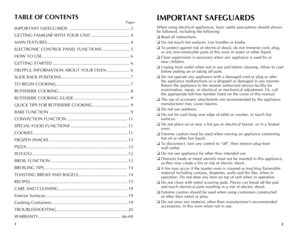 Page 2
21
TABLE OF CONTENTS
	Pages
IMPORTANT	SAFEGUARDS		..................................................2
GETTING	FAMILIAR	WITH	YOUR	UNIT 	................................
4
MAIN	FEATURES 	.....................................................................
4
ELECTRONIC	CONTROL	PANEL	FUNCTIONS 	.......................
5
HOW	TO	USE 	.........................................................................
6
GETTING	STARTED 	................................................................
6
HELPFUL...