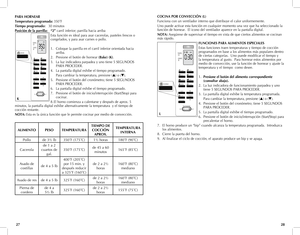 Page 15
PARA HORNEAR 
Temperatura programada: 350˚F
Tiempo programado:   30 minutos
Posición de la parrilla:   “2” carril inferior; parrilla hacia arriba
Esta función es ideal para asar cacerolas, pasteles frescos o 
congelados, y para asar carnes o pollo.
1. Coloque la parrilla en el carril inferior orientada hacia 
arriba.
2.  Presione el botón de hornear 
(Bake) (K).
3.  La luz indicadora parpadea y uno tiene 5 SEGUNDOS 
PARA PROCEDER.
4.  La pantalla digital exhibe el tiempo programado.
  Para cambiar la...