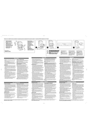 Page 1How to Use
Care and Cleaning
1. Before first use, remove all stickers, packing material, and
literature.
2. Wash the Carafe, Filter Basket, and Lid in warm, sudsy
water—rinse thoroughly.  These three parts are also
dishwasher-safe, top rack.
3. Brew 12 cups of fresh water through the system as
instructed in the BREWING COFFEE instructions, but do not
add coffee grounds.  When all the water has brewed
through, turn the Coffeemaker off and discard the water
from the Carafe.
BREWING COFFEE
1. Use the Carafe...