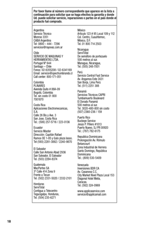 Page 18\037\007
Argentina Servicio Técnico Monroe 3351 CABA Argentina Tel: 0800 – 444 - 7296 servicios @ rayovac.com.ar
Chile SERVICIO DE MAQUINAS Y HERRAMIENTAS LTDA. Portugal Nº 644 Santiago – Chile Fonos: 02-6355208 / 02-6341169 Email: servicio @ spectrumbrands.cl Call center: 800-171-051
Colombia PLINARES Avenida Quito # 88A-09 Bogotá, Colombia Tel. sin costo 01 800 7001870
Costa Rica Aplicaciones Electromecanicas, S.A. Calle 26 Bis y Ave. 3 San Jose, Costa Rica Tel.: (506 ) 257-5716 / 223-0136...