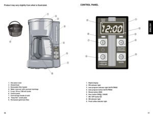 Page 9
6
7

Product may vary slightly from what is illustrated.
.  One-piece cover
 .  Showerhead
 .  Removable filter basket
 .  Water reservoir with cup level markings
5.  5-cup /  5-oz. (7 0 ml) carafe 
6.  Control panel 
7.  Cord storage (inside of unit)
8.  “Keep Hot” carafe plate
9.  Permanent gold-tone filter
-5- 
-4- 
-3- 
-2- 
5 
4 
3 
2 
















ENGLISH
CONTROL PANEL 
.  Digital display
 .  PM indicator light
 .  Auto...