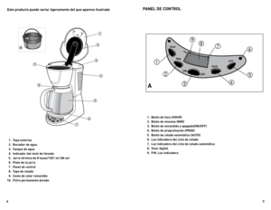 Page 3



Este producto puede variar ligeramente del que aparece ilustrado
 1. Tapa enteriza
  . 
Rociador de agua
  . 
Tanque de agua
  . 
Indicador del nivel de llenado
  .  Jarra térmica de 8 tazas/101 ml ( oz)
  6. 
Plato de la jarra
  7. 
Panel de control
  8. 
Tapa de colado 
  9. 
Cesto de colar removible
  10. 
Filtro permanente dorado
1.  Botón de hora (HOUR)
.  Botón de minutos (MIN)
.  Botón de encendido y apagado(ON/OFF)
.  Botón de...