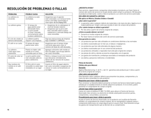 Page 9
6
7

RESOLUCIÓN  DE PROBLEMAS  O FALLAS
PROBLEMAPOSIBLE C AUSASOLUCIÓN
La	cafetera	 no	enciende.La	cafetera	 no	está	enchufada.Asegúrese	 que	el	aparatoesté	 conectado	 a	un	 tomacorriente	activo	 y	de	 haber	 presionado	 el	interruptor	de Enc/Apag (I/O).de	Enc/Apag	 (I/O).
La	cafetera	 gotea.•	 El	tanque	 de	agua	podría	 estar	demasiado	 lleno.•	 La	jarra	puede	no	estar	 colocada	correctamente	 sobre	la	placa	 calefactora.
•	 Asegúrese	 de	no	 sobrepasar	 el	nivel	de	llenado	 máximo.•...