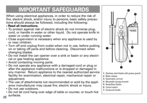 Page 2When using electrical appliances, in order to reduce the risk of
fire, electric shock, and/or injury to persons, basic safety precau-
tions should always be followed, including the following:
• Read all instructions.
•  To protect against risk of electric shock do not immerse plug,
cord, or handle in water or other liquid.  Do not operate knife in
water or under running water.
•  Close supervision is necessary when any appliance is used by 
or near children.
• Turn off and unplug from outlet when not in...