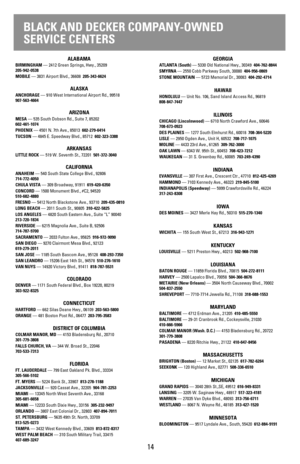 Page 1414
BLACK AND DECKER COMPANY-OWNED
SERVICE CENTERS
ALABAMABIRMINGHAM— 2412 Green Springs, Hwy., 35209  
205-942-0538
MOBILE— 3831 Airport Blvd., 36608  205-343-6624
ALASKAANCHORAGE— 910 West International Airport Rd., 99518  
907-563-4664
ARIZONAMESA— 535 South Dobson Rd., Suite 7, 85202 
602-461-1074
PHOENIX— 4501 N. 7th Ave., 85013  602-279-6414
TUCSON— 4845 E. Speedway Blvd., 85712  602-323-3388
ARKANSASLITTLE ROCK— 519 W. Seventh St., 72201  501-372-3040
CALIFORNIAANAHEIM— 540 South State College...