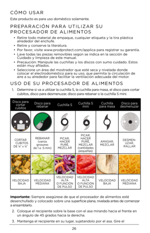 Page 26\b6
PREPARACIÓN PARA UTILIZAR SU  
PROCESADOR DE ALIMENTOS
•  Retire todo material de empaque, cualquier etique\Àta y la tira plástica 
alrededor del enchufe. 
•  Retire y conserve la literatura.
•  Por favor, visite www.prodprotect.com/applica para registrar su garantía.
•  Lave todas las piezas removibles según se ind\Àica en la sección de 
Cuidado y limpieza de este manual. 
•  Precaución: Manipule\À las cuchillas y l\Àos discos con sumo cuidado. Estos 
están muy afilados.
•  Seleccione un área del...