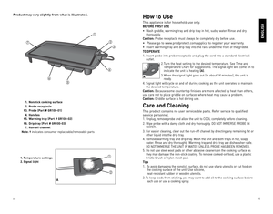 Page 3



How to Use
This	appliance 	is 	for 	household 	use 	only.
BEFORE FIRST USE
•	 Wash	 griddle,	warming	 tray	and	drip	 tray	in	hot,	 sudsy	 water.	 Rinse	and	dry	
thoroughly.
Caution:	Probe	 receptacle	 must	always	 be	completely	 dry	before	 use.
•	 Please 	go 	to 	www.prodprotect.com/applica 	to 	register 	your 	warranty.
•	 Insert	 warming	 tray	and	drip	 tray	into	the	rails	 under	 the	front	 of	the	 griddle.	
TO OPERATE
.	Insert	 probe	into	probe	 receptacle	 and	plug	 the	cord...