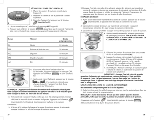 Page 20
3837
RÉGLAGE	DU	TEMPS	DE	CUISSON		(K)
1. Placer les paniers de cuisson remplis dans 
l’appareil.
2.  Déposer le couvercle sur le panier de cuisson 
supérieur.
3.  Brancher l’appareil et appuyer sur le bouton. 
 
         (marche/arrêt).
4.  L’écran numérique ACL s’éclaire et le message 
OFF apparaît.
5.  Appuyer puis relâcher le bouton  
														 jusqu’à ce que le nom de l’aliment à 
faire cuire et la durée de cuisson préprogrammée apparaissent à l’écran.
DELAY START
Cookingmax
min
MENU
+-...