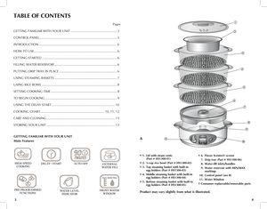 Page 3
43
Product	may	vary	 slightly	 from	what	 is	illustrated.
†	 1.	Lid	 with	 steam	 vents		
	 	 (Part	 #	HS1300-01)
†	 2.	5-cup	 rice	bowl	 (Part	#	HS1300-02)
†	 3.	Top	 steaming	 basket	with	built-in		
	 	 egg	 holders	(Part	#	HS1300-03)	
†	 4.	Middle	 steaming	 basket	with	built-in		
	 	 egg	 holders	(Part	#	HS1300-04)
†	 5.	Bottom	 steaming	 basket	with	built-in		
	 	 egg	 holders	(Part	#	HS1300-05)
†	 6.	Flavor	 Scenter®	 screen	
	 7.	Drip	tray	(Part	 #	HS1300-06)
	 8.	Water-fill	 inlets/handles
	 9....
