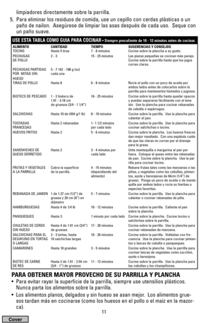 Page 1111
limpiadores directamente sobre la parrilla.
5.  Para eliminar los residuos de comida, use un cepillo con cerdas plásticas o un
paño de nailon.  Asegúrese de limpiar las asas después de cada uso.  Seque con
un paño suave.
USE ESTA TABLA COMO GUIA PARA COCINAR• Siempre precaliente de 10 - 12 minutos antes de cocinar.
ALIMENTO CANTIDAD TIEMPO SUGERENCIAS Y CONSEJOS
TOCINO Hasta 5 tiras 7 - 8 minutos Cocine sobre la plancha a su gusto.
PECHUGAS  2 - 3 15 - 25 minutos Las piezas pequeñas se cocinan más...