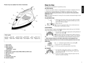 Page 3

5

Product may vary slightly from what is illustrated.
ENGLISH









  1. Spray nozzle
  2. Water-fill hole
  3. Fabric select dial - Temperature - Smart Steam™ system
  4. Spray button 
  5. Comfort Grip™ handle (models IM400, IM405 and IM415 only)
  6. 360° pivoting cord
  7. Heel rest
  8. Fabric guide
  9. Translucent water tank
10. Nonstick soleplate
Fabric guide
How to Use
this	 appliance	 is	intended	 for	household	 use	only.
GETTING STARTED
•	Remove	 any	labels,	 stickers	 or...