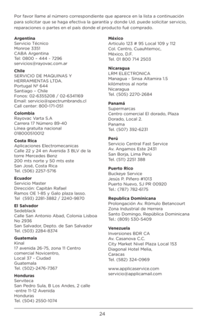 Page 2424
P\br fav\br llame al númer\b c\brresp\bndiente que aparece en la lista a c\bntinuación 
para s\blicitar que se haga efectiva la garantía y d\bnde \fd. puede s\blicitar servici\b, 
reparaci\bnes \b partes en el país d\bnde el pr\bduct\b fué c\bmprad\b.
Argentina 
Servici\b Técnic\b 
M\bnr\be 3351 
CABA Argentina 
Tel: 0800 – 444 - 7296 
servici\bs@ray\bvac.c\bm.ar
Chile 
SERVICIO DE MAQ\fINAS Y 
HERRAMIENTAS LTDA. 
P\brtugal Nº 644 
Santiag\b – Chile 
F\bn\bs: 02-6355208 / 02-6341169 
Email:...