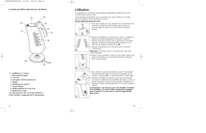 Page 81314Le produit peut différer légèrement de celui illustré.†1.Bouilloire de 1,7 l (60 oz)
2. Filtre anti-tartre intégré
3. Couvercle 
4. Interrupteur On/Off (Arrêt/marche)
5. Poignée 
6. Déclencheur de couvercle
7. Voyant lumineux 
8. Double graduation du niveau d'eau
9. Rangement du cordon
†10. Base pivotante à 360° (n° de pièce JKC905-01)
† Pièce amovible e remplaçable par le consommateur
UtilisationCet appareil est conçu pour une utilisation résidentielle uniquement et pour 
ne faire bouillir que...