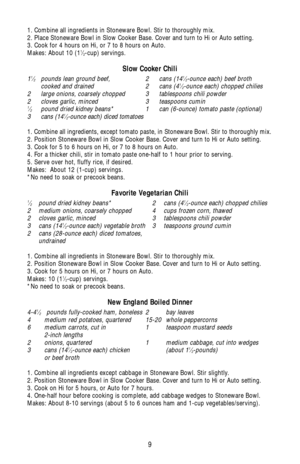 Page 99
1. Combine all ingredients in Stoneware Bowl. Stir to thoroughly mix.
2. Place Stoneware Bowl in Slow Cooker Base. Cover and turn to Hi or Auto setting.
3. Cook for 4 hours on Hi, or 7 to 8 hours on Auto.
Makes: About 10 (1
1⁄2-cup) servings.
Slow Cooker Chili
11⁄2pounds lean ground beef, 2 cans (141⁄2-ounce each) beef broth
cooked and drained 2 cans (41⁄2-ounce each) chopped chilies
2 large onions, coarsely chopped 3 tablespoons chili powder
2 cloves garlic, minced 3 teaspoons cumin
1⁄2pound dried...
