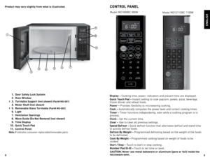 Page 59
8
ENGLISH
Product may \fary slightly from what is illustrated.
 1.  Door Safety Lock System
  2.  O\fen Window
† 3. Turntable Su\b\bort (not shown) (Part# MO-001)
 4.  Motor Shaft (not shown)
† 5. Remo\fable Glass Turntable (Part# MO-002)
 6.  Light
  7.  Ventilation O\benings
  8.  Wa\fe Guide (Do Not Remo\fe) (not shown)
  9.  Time Dis\blay
  10.  Quick Touch Pad
  11.  Control Panel
Note: †  indicates	 consumer	 replaceable/removable	 parts
CONTROL PANEL 


 

 


Dis\blay –  Cooking	time,...