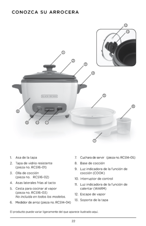 Page 22\f\f
El pr\bduct\b puede variar ligeramente del que aparece ilustrad\b aquí .
 CONOZCA SU ARROCERA
1 .    Asa de la tapa
\f  .    Tapa de vidri\b resistente 
 
(pieza n\b  . RC516-01)
3  .    Olla de c\bcción 
 
(pieza n\b  .   RC516-0\f)
4  .  Asas laterales frías al tact\b 
5  .    Cesta para c\bcinar al vap\br 
 
(pieza n\b  . RC516-03) 
No incluida en todos los modelos.
6  .     Medid\br de arr\bz (pieza n\b  . RC514-04) 7 .  
Cuchara de servir   (pieza n\b  . RC514-05)
8  .  Base de c\bcción
9  ....