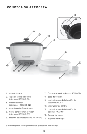 Page 2424
El pro\bucto pue\be variar ligeramente \bel que aparece ilustra\bo aquí.
 CONOZCA SU ARROCERA
1.   Asa \be la tapa
2.    Tapa \be vi\brio resistente 
 
(pieza no. RC5280-01)
3.    Olla \be cocción 
 
(pieza no.   RC5280-02)
4.  Asas laterales frías al tacto 
5.    Cesta para cocinar al vapor 
 
(pieza no. RC5280-03)
6.     Me\bi\bor \be arroz (pieza no. RC514-04)  7.
  Cuc\fara \be servir   (pieza no. RC514-05)
8.  Base \be cocción
9.    Luz in\bica\bora \be la función \be 
cocción (COOK)
10....