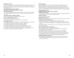 Page 23
4443
¿NECESITA	AYUDA?
Para servicio, reparaciones o preguntas relacionadas al producto, por favor llame 
al número del centro de servicio en el país donde usted compró su producto.  
nO devuelva el producto al fabricante. Llame o lleve el producto a un centro de 
servicio autorizado. 
DOS	 AÑOS	 DE	GARANTÍA	 LIMITADA
	
(No	 aplica	 en	México,	 Estados	Unidos	o	Canadá)
¿Qué	 cubre	 la	garantía?
•  La garantía cubre cualquier defecto de materiales o de mano de obra. Applica 
no se responsabiliza por...