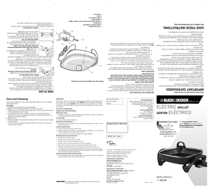 Page 1Size: 19.685" x 17.5"
2009/11-12-38E/S
1 200 W 120 V 60 Hz
ElEctric Skillet 
SÁRteN ElÉctricO 
CustomerCare line: 
USA 
1-800-231-9786
Mexico 
01-800 714-2503
Accessories/Parts (USA) 
Accesorios/Partes (EE.UU)  1-800-738-0245 For online customer service  
and to register your product, go to  www.prodprotect.com/applica 
For US residents only.
ModEl/ModElo
❍
 
SKG105
POlARiZeD Pl UG (120V Models Only)
This appliance has a polarized plug (one blade is wider than the other). To 
reduce the risk of...
