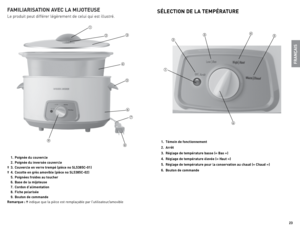 Page 12



FRAN
ÇAIS
SéLECTION DE LA TEMPéRATURE
. Témoin de fonctionnement
.  Arrêt
.  Réglage de température basse (« Bas »)
.  Réglage de température élevée (« Haut »)
5.  Réglage de température pour la conservation au chaud (« Chaud »)
6.  Bouton de commande




  .  Poignée du couvercle
  .  Poignée du inversée couvercle
†  .  Couvercle en verre trempé (pièce no SL585C-0)
†  .  Cocotte en grès amovible (pièce no...