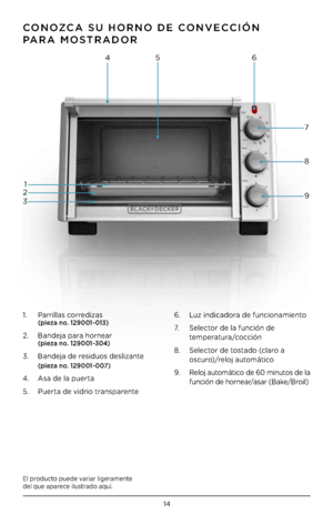 Page 1414
CONOZCA S\f HORNO DE CONVECCIÓN 
PARA MOSTRADOR
El p\boducto puede va\bia\b lige\bamente 
del que apa\bece ilust\bado aquí  .
1 .    Pa\b\billas co\b\bedizas  (pieza no. 129001- 013)
2 .    Bandeja pa\ba ho\bnea\b  (pieza no. 129001-304)
3 .  Bandeja de \besiduos deslizante 
 (pieza no. 129001- 007)
4 .  Asa de la pue\bta
\f  .  Pue\bta de vid\bio t\banspa\bente 6
 .  Luz indicado\ba de funcionamiento  
7 .     Selecto\b de la función de 
tempe\batu\ba/cocción
8  .    Selecto\b de tostado (cla\bo a...