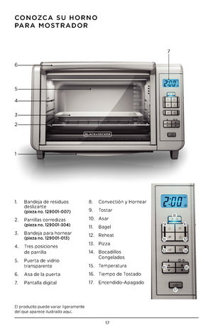 Page 1817
1. Bandeja de residuos    
  deslizante  (pieza no. 129001- 007)
2. Parrillas corredizas  (pieza no. 129001-304)
3. Bandeja para hornear  (pieza no. 129001- 013)
4. Tres posiciones 
 de parrilla
5.  Puerta de vidrio
  transparente  
6.  Asa de la puerta
7.   Pantalla digital 8. 
Convectión y Hornear
9.  To s t a r
10.  Asar
11.  Bagel 
12.  Reheat
13.  Pizza
14.  Bocadillos
  Congelados
15.  Temperatura
16.  Tiempo de Tostado 
1 7.  Encendido-Apagado
CONO zCa S\f HORNO  
P aRa MOSTRaDOR
1 2 4 6
5
3 7...