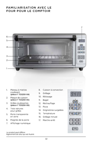 Page 3232
1 2 4 6
5
37
8
\b
10
12
11
13 14
16
17
15
Le produit peut différer légèrement de celui qui est illustré
 .
1 .  Plateau à miettes   coulissant  (p\fèce n° TO3250 - 04)
2 .  Plaque de cuisson  (p\fèce n° TO3250 - 05)
3 .  Grilles coulissantes  (p\fèce n° TO3250 - 06)
4 .  Trois rainures   pour grilles
5  .  Porte transparente
   en verre 
6  .  Poignée de la porte
7 .   Affichage numérique 8
 .  Cuisson à convection
\b  .  Grillage
10  .  Rôtissage
11  .  Bagel 
12  .  Réchauffage
13  .  Pizza
14  ....