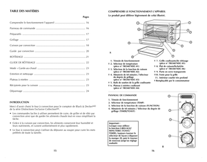 Page 9
1615
COMPRENDRE LE FONCTIONNEMENT L’APPAREIL
Le produit peut différer légèrement de celui illustré.
 1. Témoin de fonctionnement
† 2. Sélecteur de température     (pièce n° TRO4070DC-01)
† 3. Sélecteur de la fonction de cuisson     (pièce n° TRO4070DC-02)
† 4. Minuterie de 60 minutes / Sélecteur      du degrée de grillage    (pièce n° TRO4070DC-03)
† 5. Rails de soutien de la grille coulissante
† 6. Plateau à miettes coulissant      (pièce n° TRO4070DC-04)
† 7. Grille coulissante/de rôtissage...