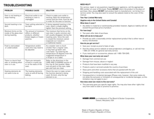 Page 7
1
1

enGLisH
troUBLesHootinG
proBLeM possiBLe CaUse soLUtion
Oven is not heating or stops heating. electrical outlet is not working or oven is unplugged.
Check to make sure outlet is working. Both the temperature control and the timer must be set in order for the oven to function.
Second toasting is too dark.Toast setting selected is too darkIf doing repeated toasting in the oven, select a shade slightly lighter than the previous setting.
Moisture forms on the inside of the glass door during...