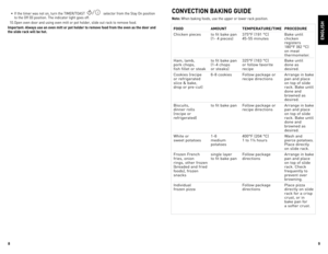 Page 5
8
9

•	 If	the	timer	 was	not	on,	turn	 the	TIMeR/T oAST	 selector	 from	the	Stay	on	 position	
to	 the	off	 (0)	position.	 The	indicator	 light	goes	 off.	
		 10.	 open	 oven	door	and	using	 oven	mitt	or	pot	 holder,	 slide	out	rack	 to	remove	 food.
important: Always use an oven mitt or pot holder to remove food from the oven as the door and 
the slide rack will be hot.
enGLiSH
F ooD  AmoUnt temPerAtUre/time ProCeDUre
Chicken	 pieces	 to	 fit	bake	 pan	 375°F	 (191	°C)	 Bake	 until		
	 	 (1-	4	pieces)...
