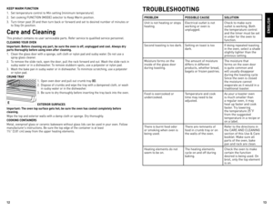 Page 7
1
1

KeeP WArm FUnC tion
1.	 Set	 temperature	 control	to	Min	 setting	 (minimum	 temperature).
2.	 Set	 cooking	 FUnCTIon	 (Mode)	selector	 to	keep	Warm	position.
3.	 Turn	 timer	past	20	and	 then	 turn	back	 or	forward	 and	set	to	desired	 number	 of	minutes	 or	
to	 Stay	on	 position.
Care and Cleaning
This	product	 contains	 no	user	 serviceable	 parts.	Refer	service	 to	qualified	 service	personnel.
CLeAninG YoUr  oven
important: Before cleaning any part, be sure the oven is off,...
