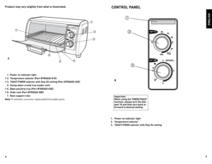 Page 3



eNGLIsH
Product may vary slightly from what is illustrated.
 1.  Power on indicator light
† .  t emperature selector (Part #tro0-01e)
† .  toast/tIMer selector with  stay on setting (Part #tro0-0e)
  .  swing-down crumb tray (under unit)
† .  Bake pan/drip tray (Part #tro0-0e)
†  6.  slide rack (Part #tro0-0e)
  7.  rack support rails
Note: †  indicates 	consumer 	replaceable/removable 	parts






a
1.  Power...