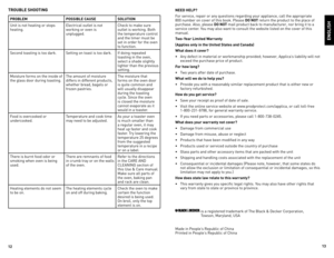 Page 7
1
1

troUBLe sHootING
ProBLeM PossIBLe CaUse soLUtIoN
Unit	is	not	heating	or	stops	
heating. electrical	outlet	is	not	
working	or	oven	is	unplugged.Check	to	make	sure	
outlet	is	working.	Both	
the	temperature	control	
and	the	timer	must	be	
set	in	order	for	the	oven	
to	function.
Second	toasting	is	too	dark. Setting	on	toast	is	too	dark.If	doing	repeated	
toasting	in	the	oven,	
select	a	shade	slightly	
lighter	than	the	previous	
setting.	
Moisture	forms	on	the	inside	of	
the	glass	door	during...
