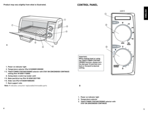 Page 3



Product may vary slightly from what is illustrated.
eNGLISH
  . Power on indicator light
  .  t emperature selector (Part # 60000000)
†   .  t OaSt/tIMer (t OStar/CrONO) selector with Sta Y ON (eNCeNdIdO CONtINUO) 
 
    setting (Part # 600000)
  .  Swing-down crumb tray (under unit)
†   .  Bake pan/drip tray (Part #  90700)
†   6.  Slide rack (Part #...