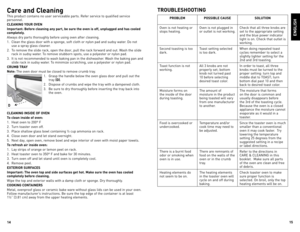 Page 8
1
1

enGLIsH
trouBLesHootInG
proBLeMpossIBLe Cause soLutIon
oven	 is	not	 heating	 or	
stops	 heating. oven	
is	not	 plugged	 in	
or	 outlet	 is	not	 working. Check	
that	all	three	 knobs	 are	
set	 to	the	 appropriate	 setting	
and	 the	blue	 power	 indicator	
light	 is	on.	 Check	 that	outlet	 is	
working.
Second	 toasting	 is	too	
dark. Toast	
setting	 selected	
is	 too	 dark. When	
doing	repeated	 toast	
cycles	 remember	 to	select	 a	
slightly	 lighter	setting	 for	the	
2nd	 and	 3rd...