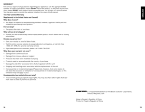 Page 10
18
19

need HeLp?
For	service,	repair	or	any	questions	regarding	your	appliance,	call	the	appropriate	800	
number	on	cover	of	this	book.	Please	do not	return	the	product	to	the	place	of	purchase.	
Also,	please	 do not	mail	product	back	to	manufacturer,	nor	bring	it	to	a	service	center.	
You	may	also	want	to	consult	the	website	listed	on	the	cover	of	this	manual.
t wo-Year Limited Warranty
(applies only in the united states and Canada)
What does it cover?
•	 Any	defect	in	material	or	workmanship...