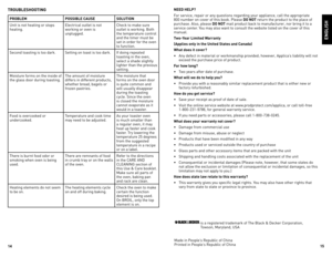 Page 8
1
1

trouBLesHootInG
proBLeMpossIBLe Cause soLutIon
Unit	is	not	heating	or	stops	
heating. electrical	outlet	is	not	
working	or	oven	is	unplugged.Check	to	make	sure	
outlet	is	working.	Both	
the	temperature	control	
and	the	timer	must	be	
set	in	order	for	the	oven	
to	function.
Second	toasting	is	too	dark. Setting	on	toast	is	too	dark.If	doing	repeated	
toasting	in	the	oven,	
select	a	shade	slightly	
lighter	than	the	previous	
setting.	
Moisture	forms	on	the	inside	of	
the	glass	door	during...