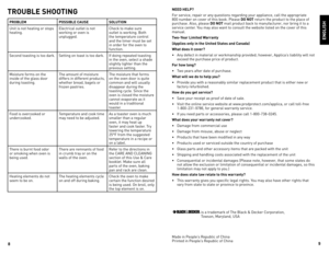 Page 5
8


troUBLe SHootING
ProBLeMPoSSIBLe CaUSe SoLUtIoN
Unit	is	not	heating	or	stops	
heating. electrical	outlet	is	not	
working	or	oven	is	unplugged. Check	to	make	sure	
outlet	is	working.	Both	
the	temperature	control	
and	the	timer	must	be	set	
in	order	for	the	oven	to	
function.
Second	toasting	is	too	dark. Setting	on	toast	is	too	dark. If	doing	repeated	toasting	
in	the	oven,	select	a	shade	
slightly	lighter	than	the	
previous	setting.	
Moisture	forms	on	the	
inside	of	the	glass	door	
during...