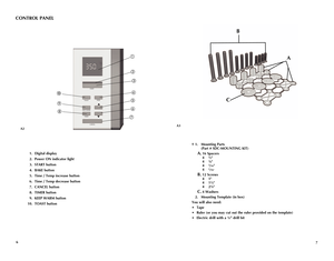 Page 4
6
7

  .  Digital display
   .  Power ON indicator light
   .  START button
   .  BAKE button
   .  Time / Temp increase button
  6. Time / Temp decrease button
  7. CANCEL button
  8. TIMER button
  9. KEEP WARM button
   0. TOAST button
A
START
TOASTBAKE
KEEP WARM
TIMER
CANCEL










†   .  Mounting Parts     (Part # SDC-MOUNTING KIT)
   A. 6 Spacers            ½" 
          ¼"           /6"       ...